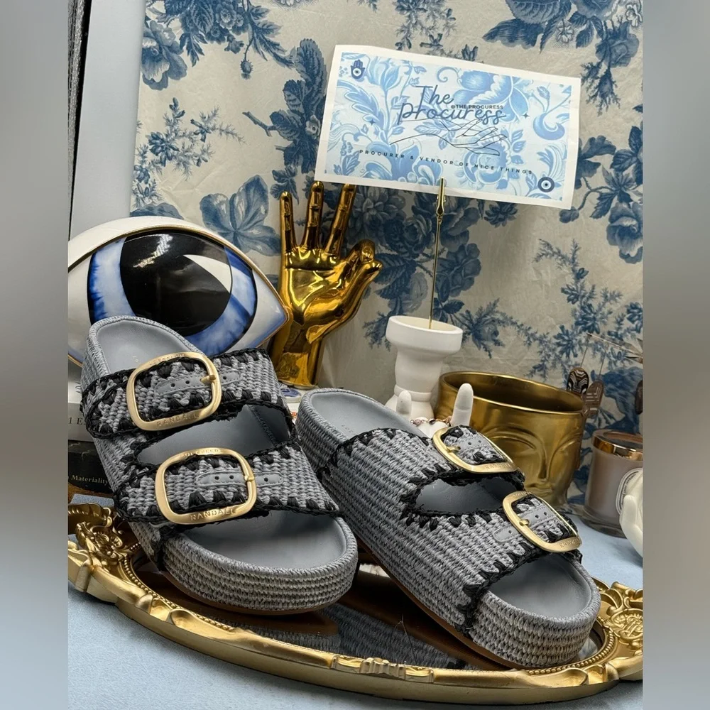 🆕 LOEFFLER RANDALL 🧿 NWOB Theo Embroidered Raffia Platform Sandal, Blue Sz 8